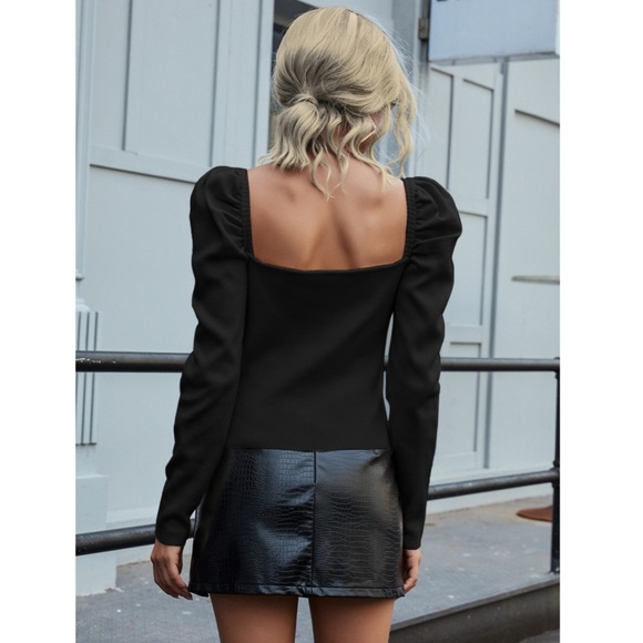 Puff Shoulder Square Neck Black Knit Top - Picture 3 of 8